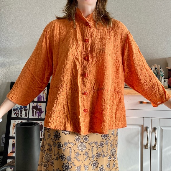 URU by Kristine Rrik Red Silk Embossed Jacquard Top, OSFM (one size fits most) main image 0